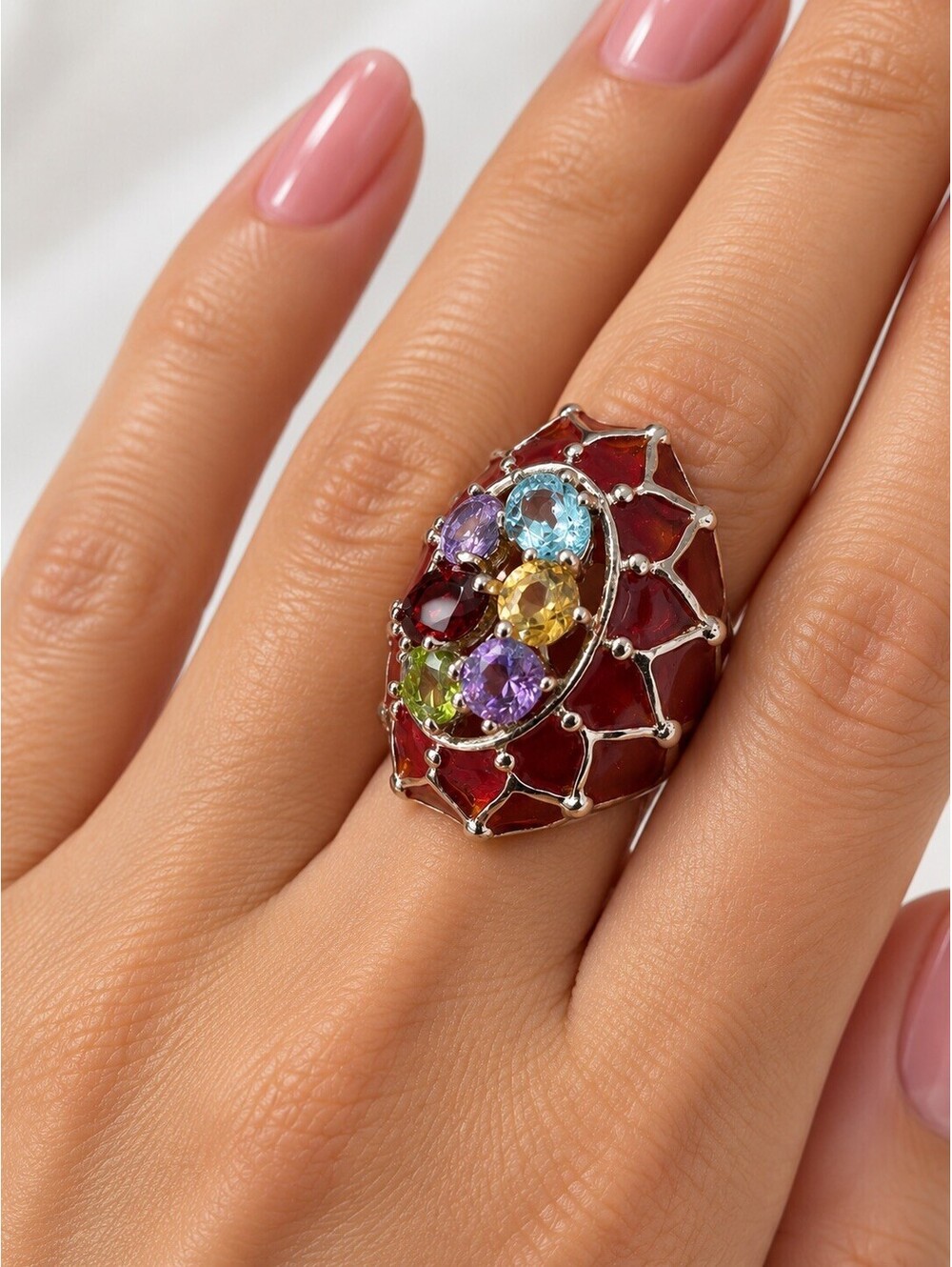QVC 925 Sterling Silver Amber Multi Gemstone Ring US 5.5